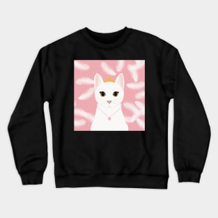 The cute white cat queen is watching you , white feathers and small kitten footsteps in the pink background Crewneck Sweatshirt